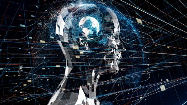 digital illustation of a head with a globe inside brain made up of points of light