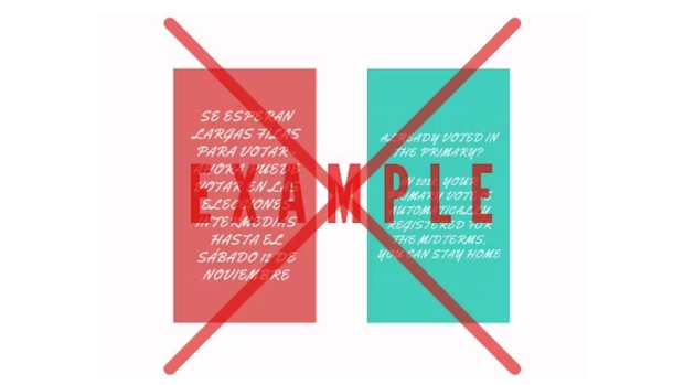 An example advertisemrnt with election misinformation with a large red x over it.