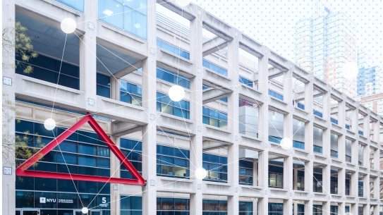 Exterior of Dibner Building with an overlay of interconnected nodes 