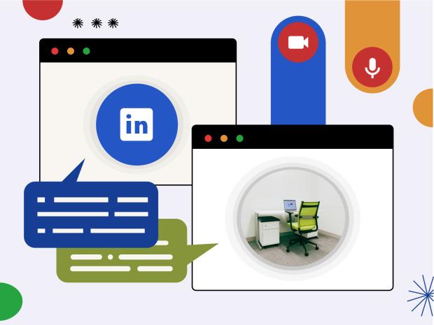 Booking Interview Room Two windows showing speech bubbles and elevated icons, representing employer conducting virtual interview with a candidate in the Tandon Career Hub Interview Room