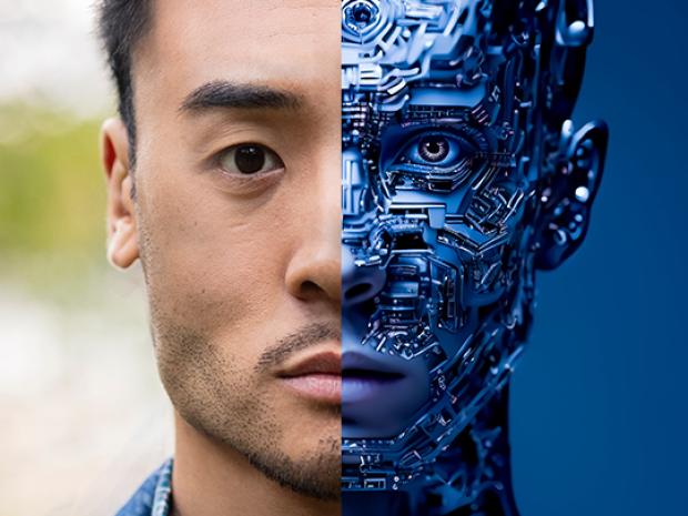 a man's face split with a cyborg face