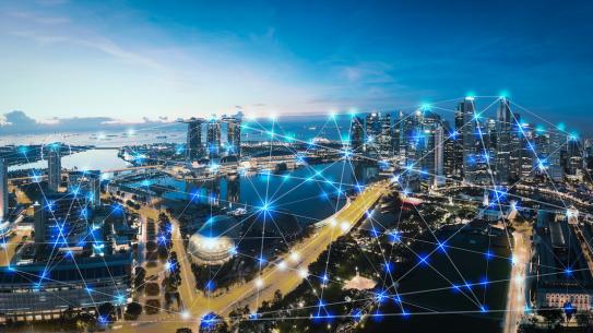 urban landscape with symbolic digital connections
